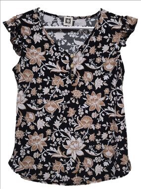 Anne Klein Ruffle Sleeve Floral V-Neck Blouse Black Tan White Size (Fits Like S)